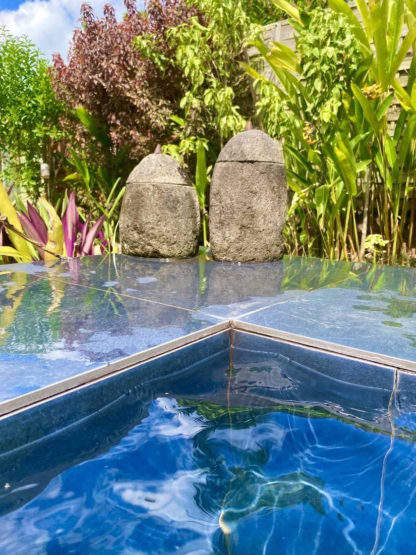 Jarres en pierre au bord de la piscine