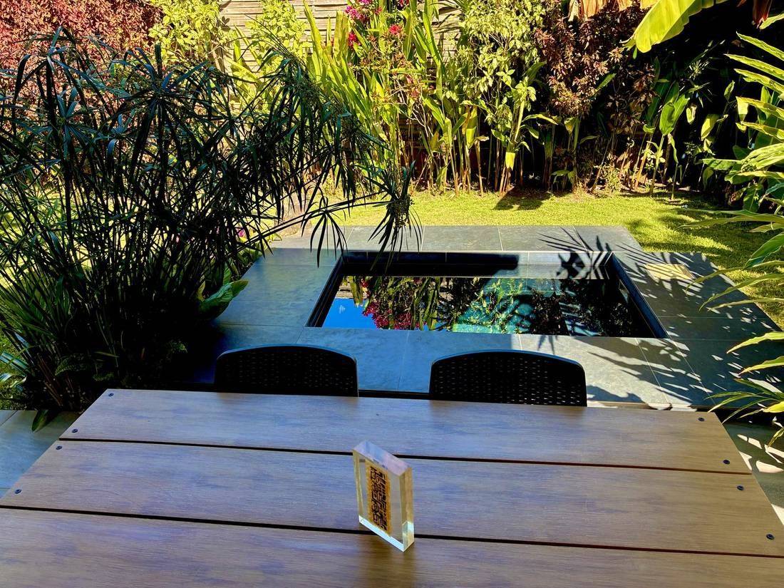 Vue sur la piscine depuis la table